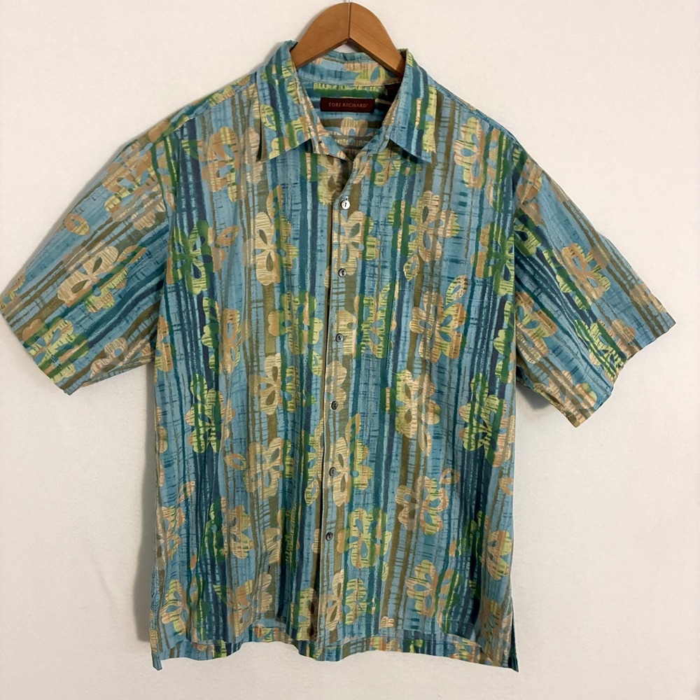 Vintage Tori Richard Hawaiian Shirt Men's L USA Made Tropical Floral Travel Camp